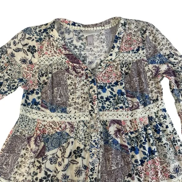 Knox Rose Boho Tiered Dress Small Floral Patchwork Bell Sleeve Cottagecore - Picture 7 of 9